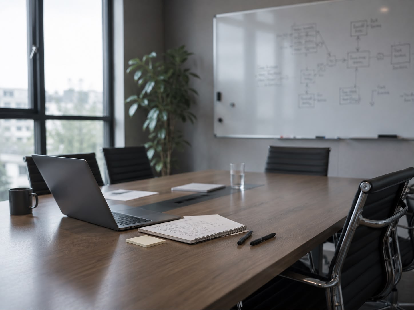 An empty meeting room with a laptop, notepad, and whiteboard