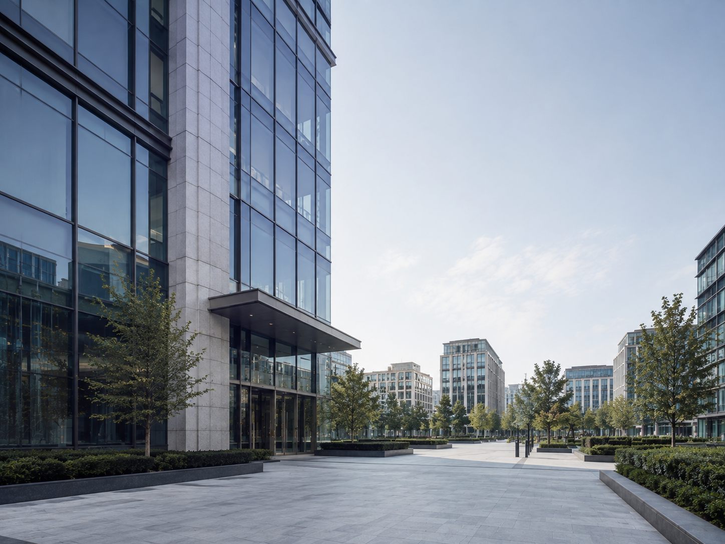A modern office building exterior in daylight