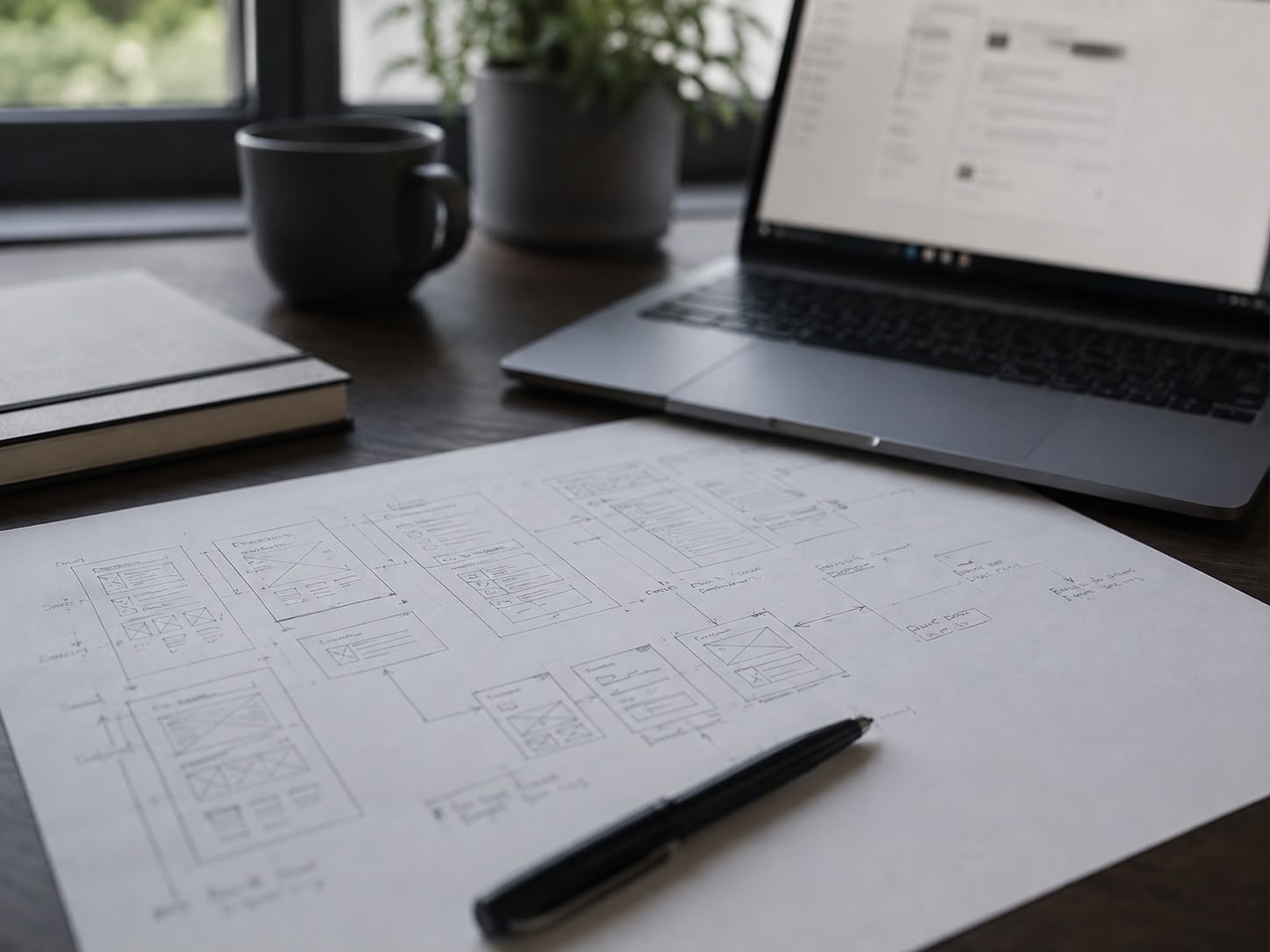 A hand-sketched application wireframe on a desk