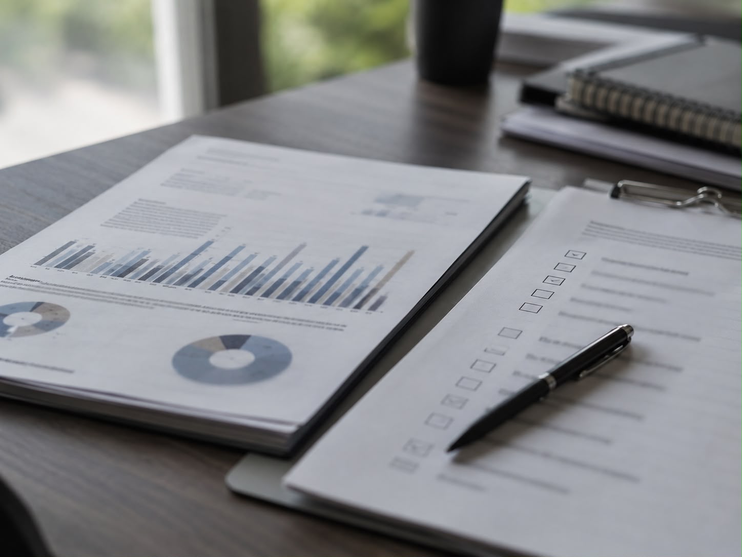 A printed audit report and checklist on a desk