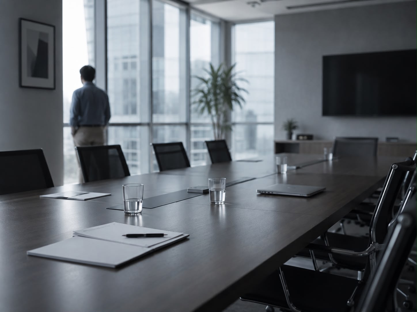 An empty boardroom table with a person looking out at the skyline