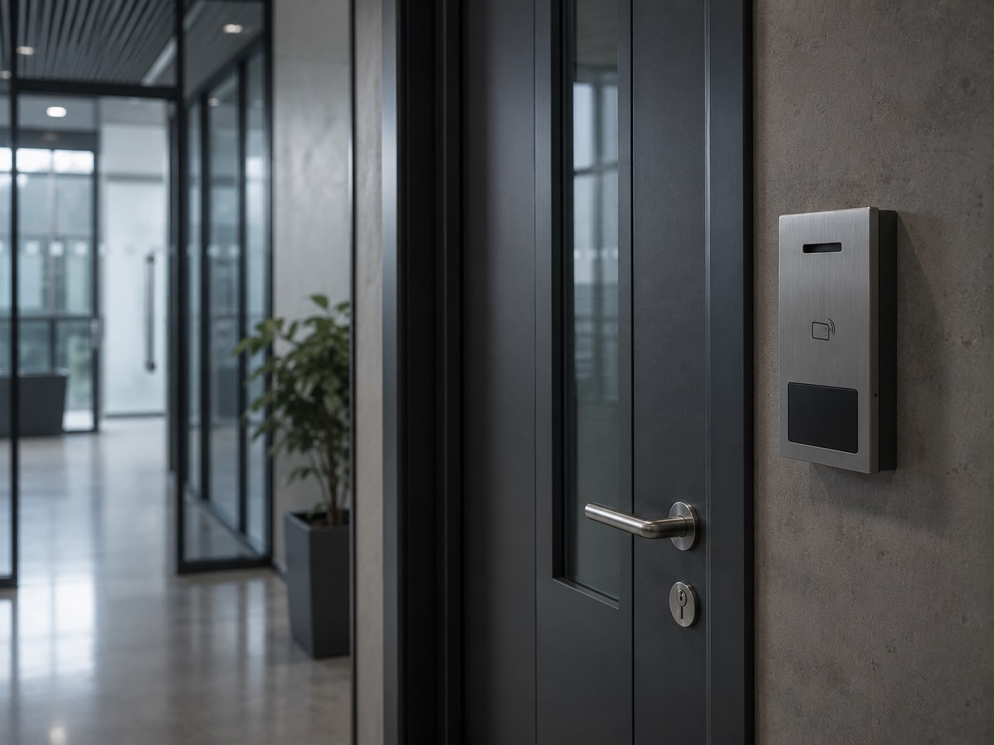 A secure access-controlled door in an office corridor