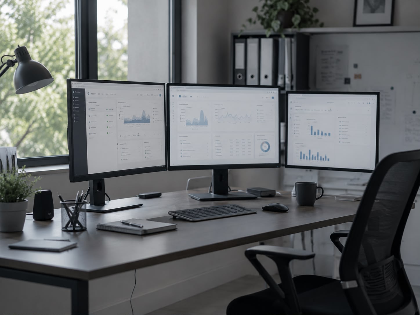 A calm operations desk with multiple monitors