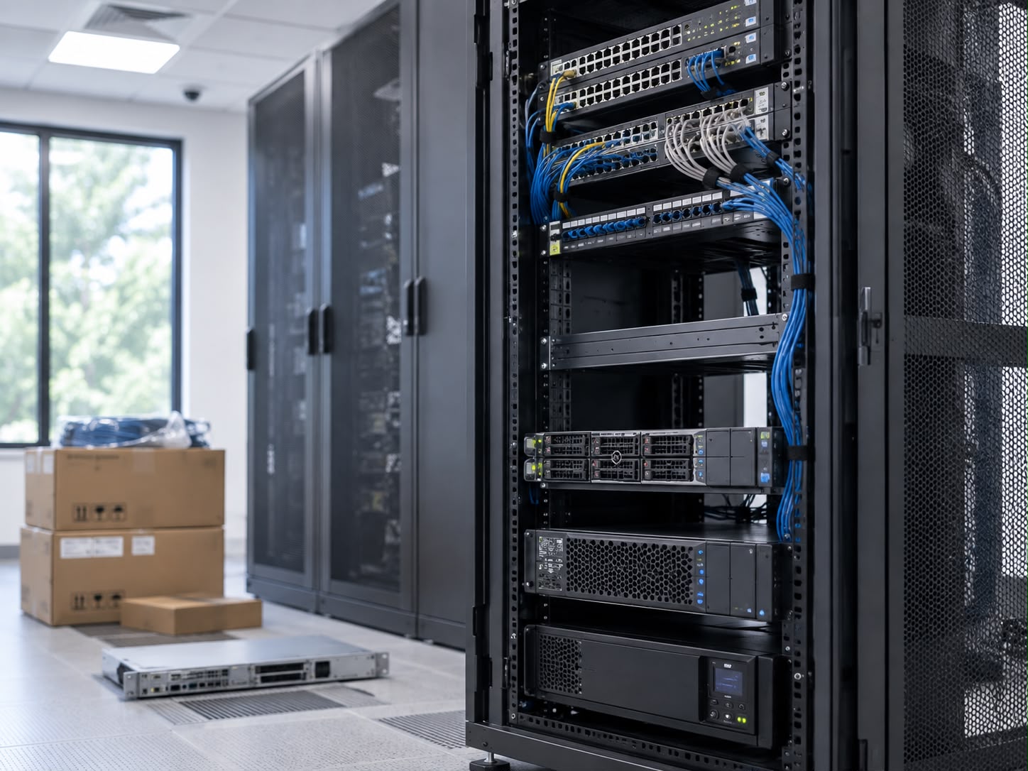 A partly-populated server rack with boxed equipment nearby