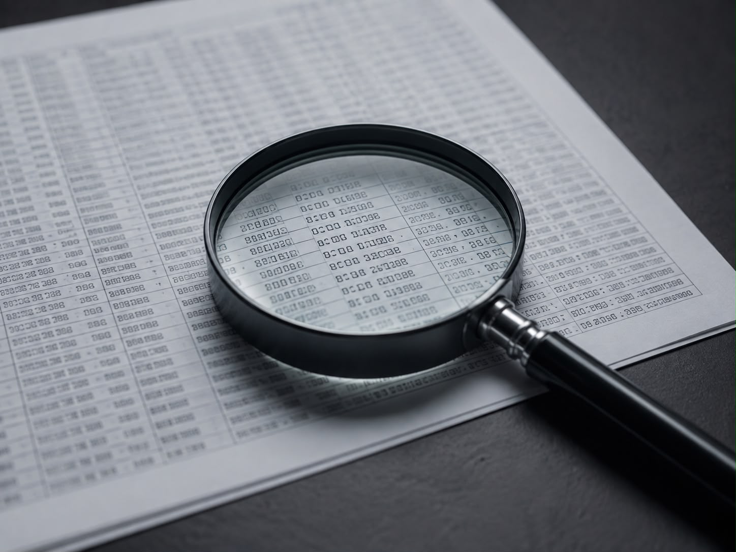 A magnifying glass resting on a printed sheet of tabular database records